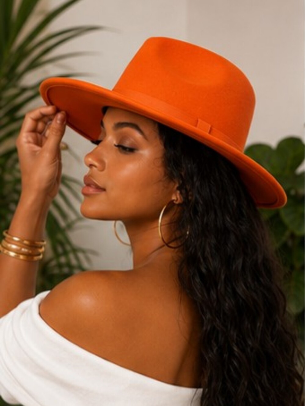 Orange Wide-Brim Wool Felt Fedora Hat